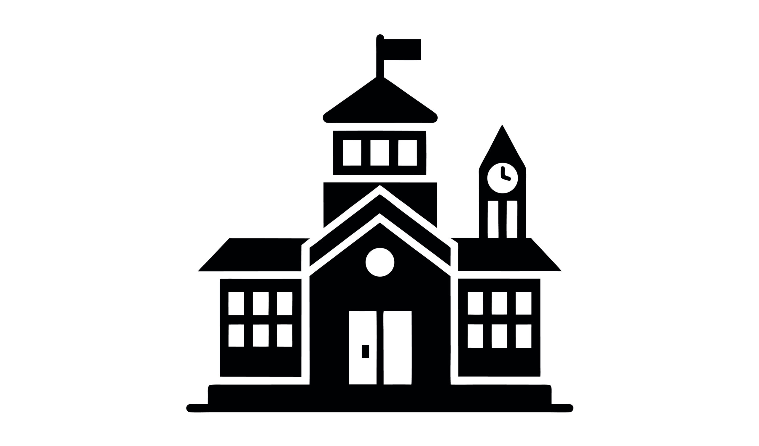 Black silhouette of a classic school building with a clock tower and flag